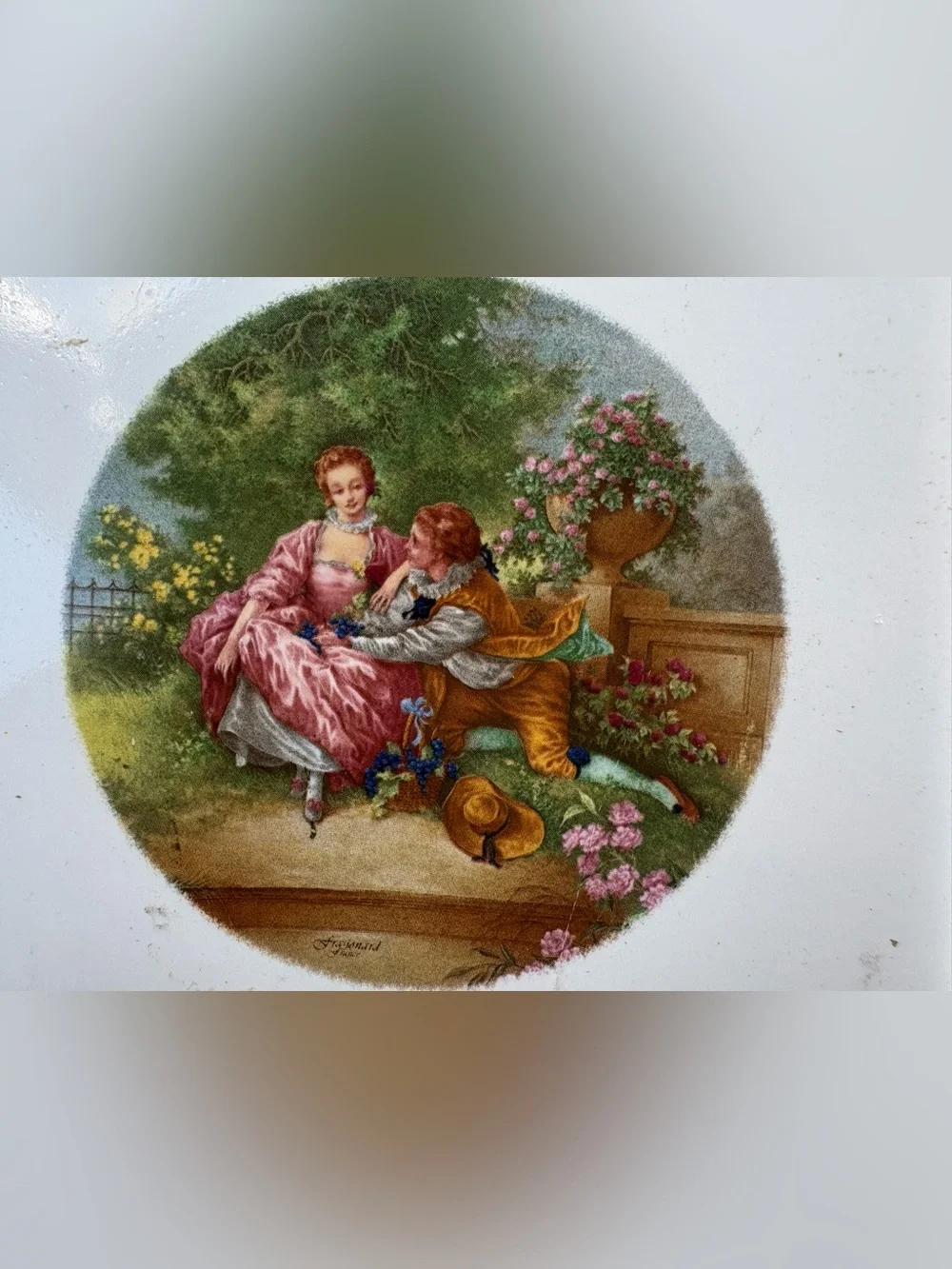 Vintage Fragonard Style Ceramic Tile Wooden Box